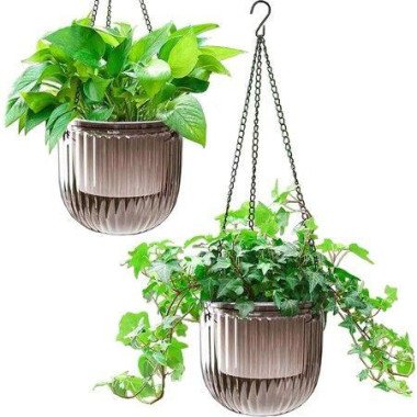 2-Pack Self-Watering Hanging Planters Indoor Flower Pots 6.5 Inch Outdoor Hanging Basket Plant Hanger With 3 Hooks Drainage Holes For Garden Home (Grey)