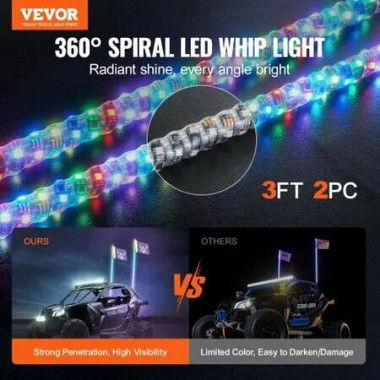 2 PCS 3 FT Whip Light, APP & RF Remote Control Led Whip Light, Waterproof 360Â° Spiral RGB Chasing Lighted Whips with 4 Flags, for UTVs, ATVs, Motorcycles, RZR, Can-am, Trucks, Off-road, Go-karts