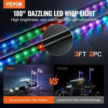 2 PCS 3 FT Whip Light, APP & RF Remote Control Led Whip Light, Waterproof RGB Chasing Lighted Whips with 4 Flags, for UTVs, ATVs, Motorcycles, RZR, Can-am, Trucks, Off-road, Go-karts