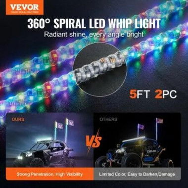 2 PCS 5 FT Whip Light, APP & RF Remote Control Led Whip Light, Waterproof 360Â° Spiral RGB Chasing Lighted Whips with 4 Flags, for UTVs, ATVs, Motorcycles, RZR, Can-am, Trucks, Off-road, Go-karts