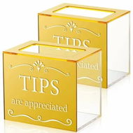 Detailed information about the product 2 Pcs Acrylic Tips Jar Donation Tip Bucket Collection Money Storage Container Suggestion Box Raffle Cash Box (Gold)
