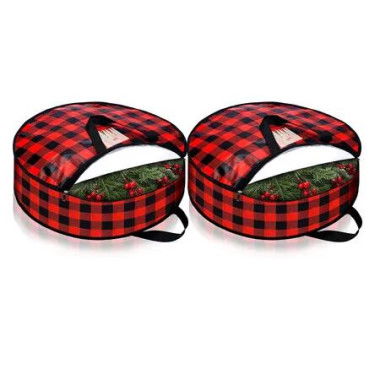 2 Pcs Christmas Wreath Storage Bag 30 Inch Large Buffalo Plaid Garland Wreaths Container for Storing Garland Wreath Wrapping, Red