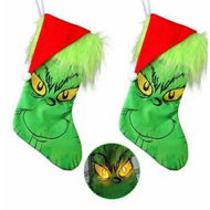 Detailed information about the product 2 Pcs Grinch Christmas Stockings with Glowing Eyes Hanging Ornaments Party Favors Bag for Xmas Tree Holiday Fireplace