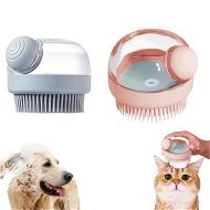 Detailed information about the product 2 PCS Gry And Pink Pet Dog Grooming Massage Shampoo Bath Brush with Soap and Shampoo Dispenser Soft Silicone Bristle for Long Short Haired Shower