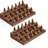 Detailed information about the product 2 Pcs Wooden Ring Display Holder, 3 Step for 18 Rings, Stand for Jewelry Counter, Vendor Rack, Stepped Organizer with Cone Holders