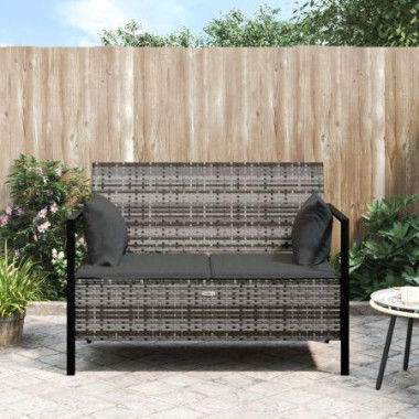 2-Seater Garden Bench With Cushions Grey Poly Rattan