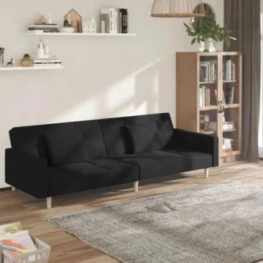 2-Seater Sofa Bed with Two Pillows Black Fabric