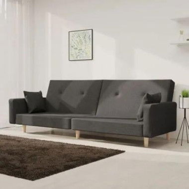 2-Seater Sofa Bed with Two Pillows Dark Grey Fabric