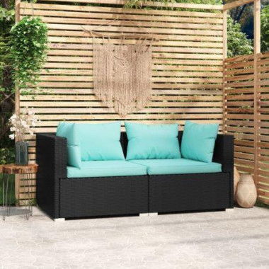 2-Seater Sofa With Cushions Black Poly Rattan