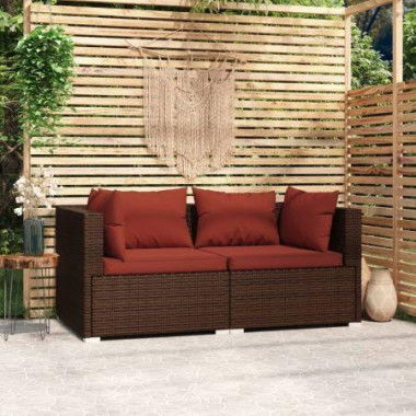 2-Seater Sofa With Cushions Brown Poly Rattan