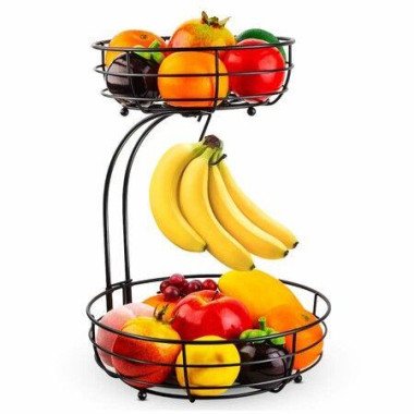2-Tier Countertop Fruit Vegetables Basket Bowl Storage With Banana Hanger Black