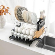 Detailed information about the product 2-Tier Detachable Dish Drying Rack With Cutlery Holder & 360-degree Swiveling Spout.