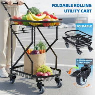 Detailed information about the product 2-Tier Folding Trolley Cart Utility Shopping Heavy Duty 100kg Collapsible Storage Rolling Braked Caster Wheels Portable Push Hand Truck Grocery Office