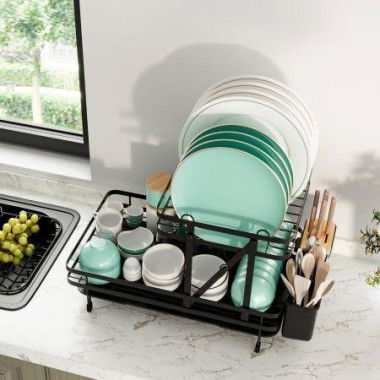 2-Tier Metal Dish Drainer With Utensil Holder And Removable Drip Tray For Kitchen