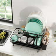 Detailed information about the product 2-Tier Metal Dish Drainer With Utensil Holder And Removable Drip Tray For Kitchen