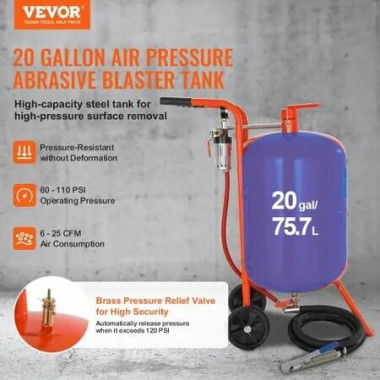 20 Gallon Sand Blaster 60-110 PSI High Pressure Sandblaster with 4 Nozzles