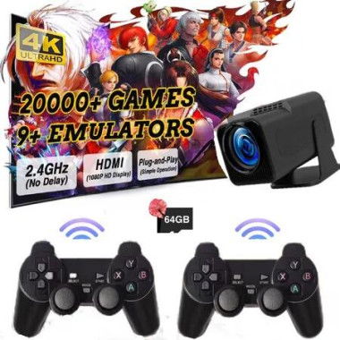 20000+ Game Projector 180 Degree Rotation 300 Lumens Projectors Game Consoles 64G TF Cards 2 controlers Android11 TV WiFi6 BT5 4K Support Builtin Speaker