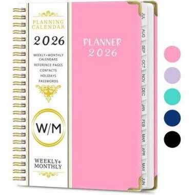 2026 Weekly and Monthly Planner, Jan-Dec Spiral-Bound with Tabs Inner Pocket, 21x 15CM Year Planner Calendar Planner (Pink)
