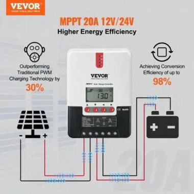 20A MPPT Solar Charge Controller Auto DC Input Solar Panel Regulator Charger w/ LCD Display Temperature Sensor Cable for Sealed(AGM) Gel Flooded & Lithium