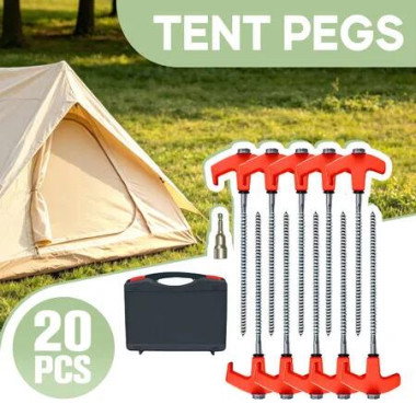 20PC Camping Tent Pegs Heavy Duty Steel Screw In Ground Stakes Outdoor Garden Anchors for Hard Soil Gazebo Caravan Awning Hex Socket Driver Carry Case