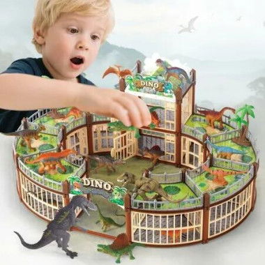 215PCS Dinosaur Playground Toy Set 18 Realistic Dinosaurs, Build Your Own Dinosaur Park, Interactive Play with Openable Cage & Battle Station