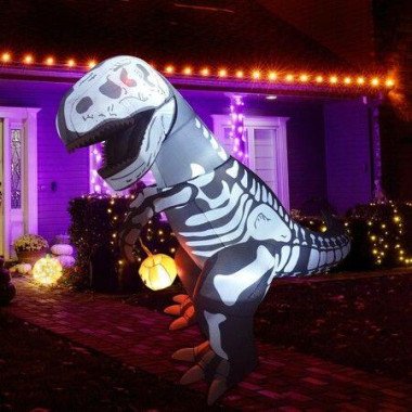 2.1m Halloween Inflatables Outdoor Dino Dinosaur With Pumpkin Blow Up Yard Decoration With LED Lights Built-in For Holiday Party Yard Garden.