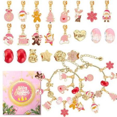 24 Day Christmas Advent Calendar DIY Charm Bracelet Kit 22 Beads and Charms with 2 Adjustable Chains Pink Jewellery Making Gift for Girls