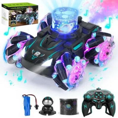 2.4 GHz 360 Degree Rotating RC Stunt Car with Music,Light Spray HD Projection Drift Toy Cars Birthday Present for Age 3+ Girls Boys(Green)