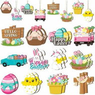 Detailed information about the product 24 PCS (Egg) 12 Styles Easter Wooden Ornaments for Tree Easter Egg Gnome Bunny Chick Cutouts Wood Hanging Ornament Spring Easter Wooden Slice Decor