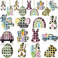 Detailed information about the product 24 PCS (Plaid)12 Styles Easter Wooden Ornaments for Happy Easter Egg Gnome Bunny Chick Cutouts Wood Hanging Ornament Spring Easter Wooden Slice Decor