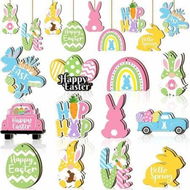 Detailed information about the product 24 PCS (Truck)12 Styles Easter Wooden Ornaments for Tree Easter Egg Gnome Bunny Chick Cutouts Wood Hanging Ornament Spring Easter Wooden Slice Decor