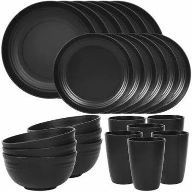 24 Piece Plates and Bowls Sets of 6,Unbreakable Wheat Straw Dinnerware Sets,Plastic Dish Set,Outdoor Kitchen and Apartment Dinning Essentials,Black