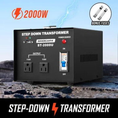 240V-110V Step Down Transformer 2000W Stepdown Electric Voltage Converter AU to US with 2 AC Output Sockets 5V USB Port