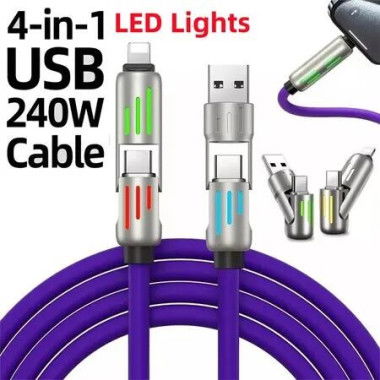 240W 4-in-1 USB C Super Fast Charge Cable With Breathing Light,Multi-Charging Cable Color Purple