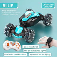 Detailed information about the product 2.4GHz 4WD Remote Control Torsion Stunt Car Gesture Sensor Watch 360 Rotation Off-road With Wheel Lights Flashing & Music (Blue)