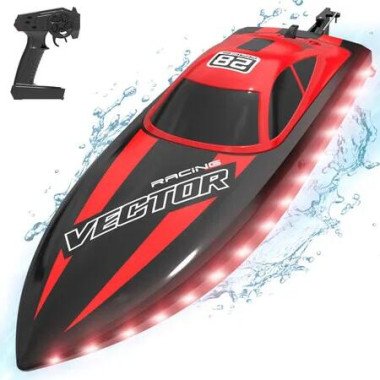 2.4Ghz RC Boat 30KMH Fast with Lights for Pools and Lakes with 2 Rechargeable Batteries Toys Gifts Color Red
