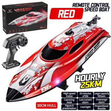 2.4GHz Remote Control Boat, 25KM/H High Speed Racing Jet Boats Gift Toy with LED Light for Pools Lakes River (Red)