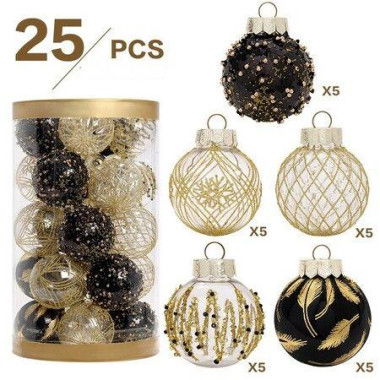 25 Pcs 6 Cm Christmas Ball Ornaments Tree Pendants Shatterproof Stuffed Decoration For Xmas Wedding Party (black & Gold)