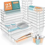 Detailed information about the product 25 Pcs Clear Drawer Organizer Set,4 Sizes Desk Drawer Divider Organizers Storage Bins for Makeup,Jewelry,Gadgets for Kitchen,Bedroom,Bathroom,Office