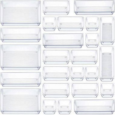 25 PCS Clear Plastic Drawer Organizers Set,4-Size Versatile Bathroom and Vanity Drawer Organizer Trays,Storage Bins