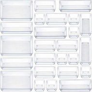 Detailed information about the product 25 PCS Clear Plastic Drawer Organizers Set,4-Size Versatile Bathroom and Vanity Drawer Organizer Trays,Storage Bins