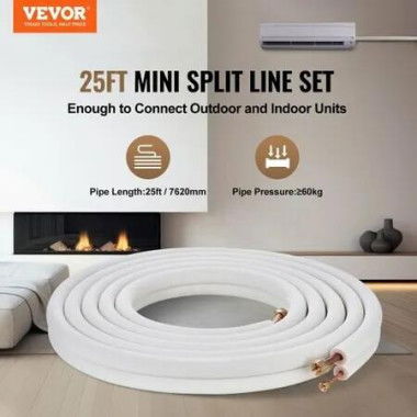 25FT Mini Split Line Set 6.4 & 12.7mm O.D Copper Pipes Tubing and Triple-Layer Insulation for Air Conditioning or Heating Pump Equipment & HVAC