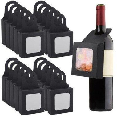 25pcs Kraft Paper Wine Bottle Box with Window Foldable Black Wine Candy Boxes for Christmas New Year Wedding Parties Favor Wine Accessory Sets