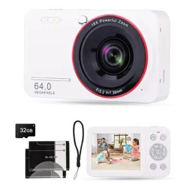2.7K Digital Camera 64MP Point and Shoot Digital Cameras with 18X Zoom, Autofocus Vlogging Camera for Travel Photo Camera for Kids Beginners (White)