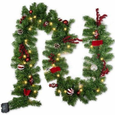 2.7m Christmas Artificial Garland With 50 LED Lights Pinecone Wreath Flocked With Mixed Decorations Door Christmas Party