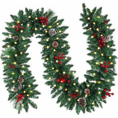 2.7M Christmas Garland with Pine Cones and Berries, Battery Operated Garland,Christmas Decoration for Xmas Holiday & Party