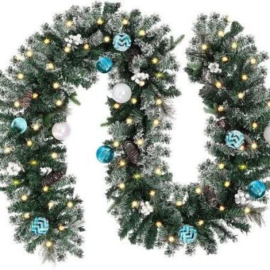 2.7M Christmas Garland with Silver Blue Ball Ornaments and Pine Cones for Christmas Holiday Party Decorations