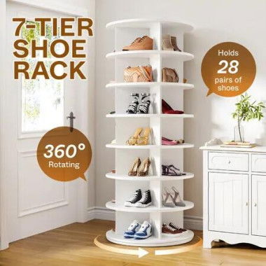 28 Pairs Shoe Rack Storage Shelves Organiser Book Handbag Tower 360 Rotating Free Standing Spinning Display Unit 7 Tier Vertical Carousel Furniture