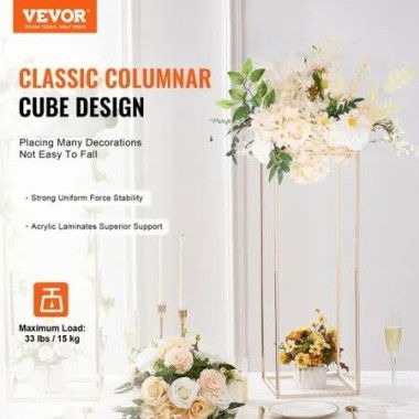 2PCS 31.5inch/80cm High Wedding Flower Stand Metal Vase Column Geometric Centerpiece Stands Gold Rectangular Floral Display Rack for T-Stage Events