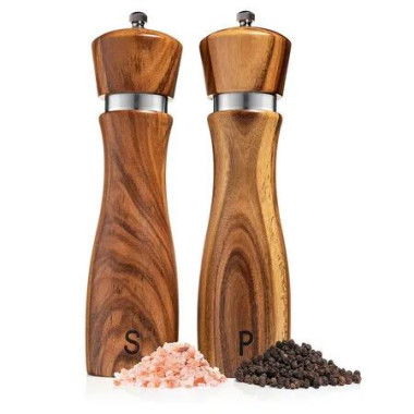 2Pcs 8 Inches Wooden Salt and Pepper Grinder Set, Refillable Salt & Pepper Mills Adjust for Customized Coarseness